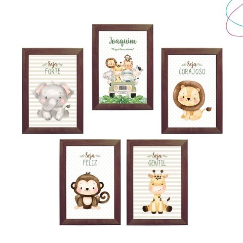 Kit 5 Quadros Decorativos Safari Baby Aquarela Bege Moldura:tabaco