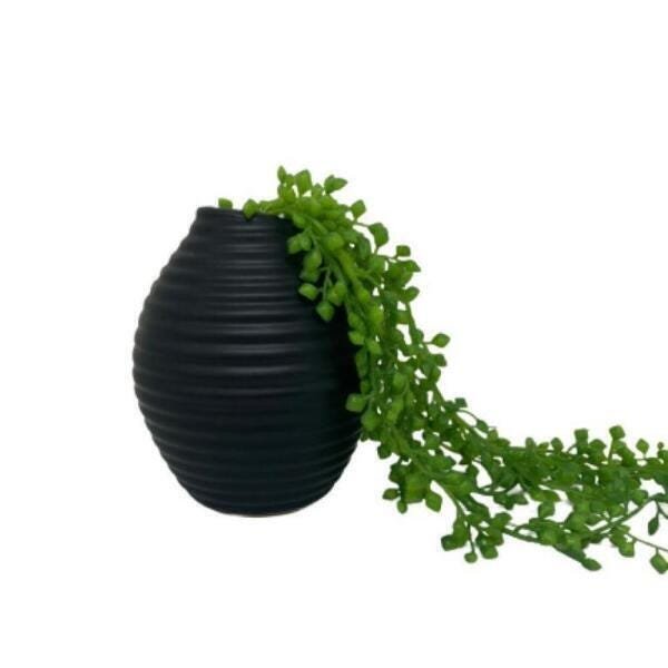 Vaso Médio Preto De Cerâmica Com Planta Artificial Caída - 1