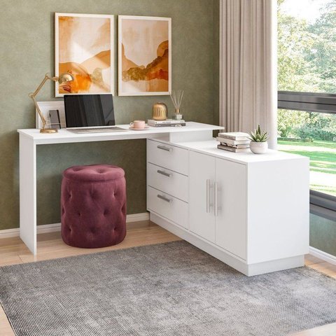 Mesa Escrivaninha com Cômoda com 3 Gavetas e 2 Portas American Branco