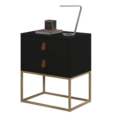 Kit 2 Mesas de Cabeceira Unic 45cm Puxador Couro com Base Metálica:preto/dourado