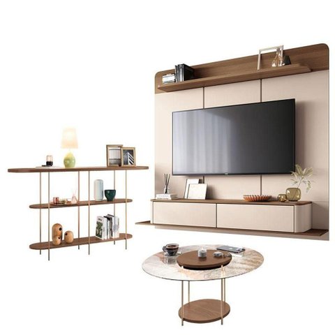 Home Suspenso Galax Castanho Off White e Aparador Infinity e Mesa de Centro Sky com Tampo de Vidro