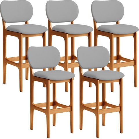 Kit 05 Banquetas Alta para Cozinha Madeira Fixa Betta L02 Imbuia Corano Cinza - Lyam Decor