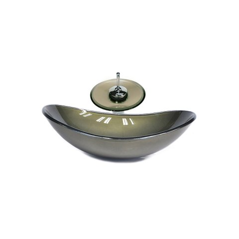 CUBA DE VIDRO OVAL 55CM OURO ENVELHECIDO + VALVULA + TORNEIRA CASCATA