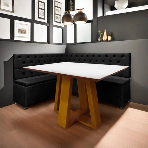 Conjunto Canto Alemão com Bau para Bar Lanchonete Capitone Preto 125x160cm Sofa Store