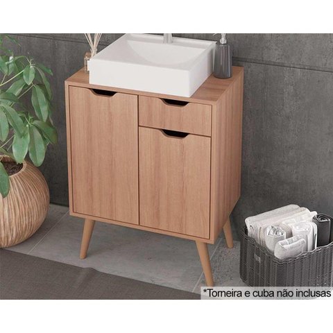 Balcão P/ Banheiro C/ Pés Bn3637 S/ Cuba C/ 2 Portas e 1 Gaveta 60cm Amêndoa - Tecno Mobili