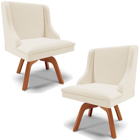 Kit 2 Poltronas Decorativas Base Giratória de Madeira Firenze Linho Bege/Natural - Gran Belo