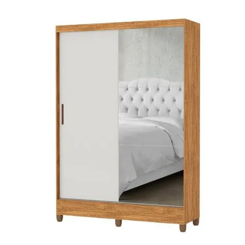 Guarda Roupa Solteiro com Espelho 2 Portas de Correr 2 Gavetas com Pés 131cm Plus Santiago Cinamomo/Off White - Carioca Móveis