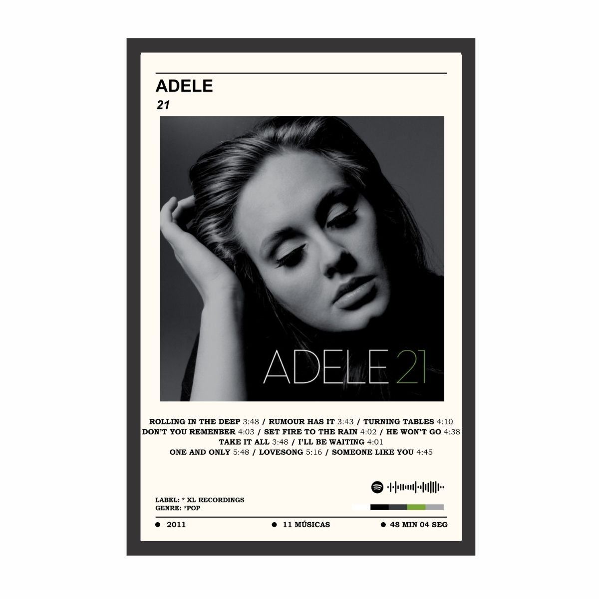 Quadro Decorativo Adele Álbuns Spotify - 21