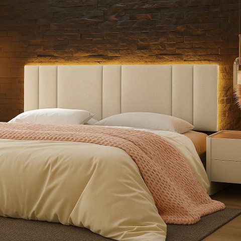 Cabeceira Painel Cama Box King Size Siri 200cm com Led Bouclé Bege - Desk Design