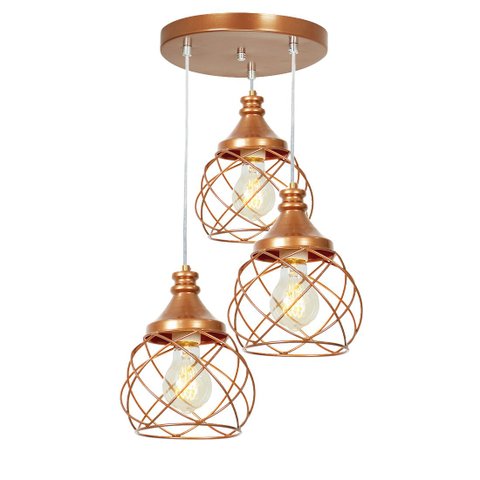 Lustre Pendente Triplo Esfera Aramado Cobre 15cm