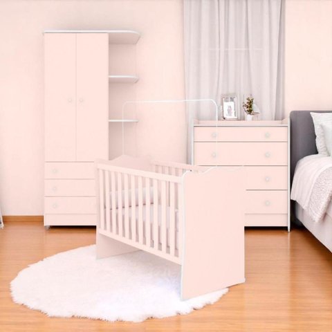 Conjunto Infantil Doce Sonho Rosa: Berço Doce Sonho + Kit Rodízios + Cômoda Doce Sonho + Guarda-