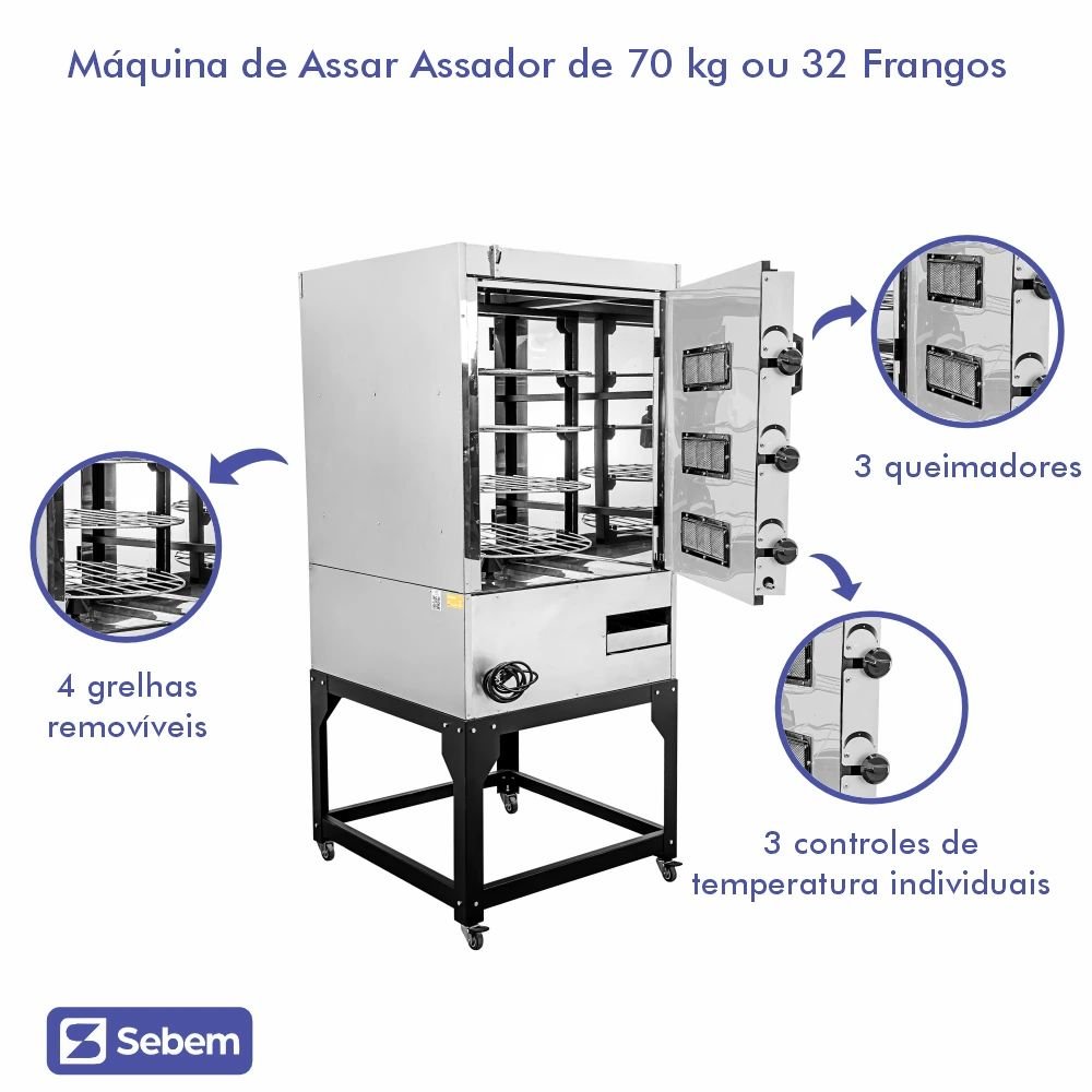 Forno Girátório Assador de Carne a Gás 70 Kg 32 Frangos com 4 Grelhas Sebem - 2