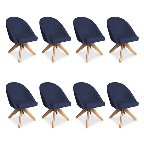 Kit 08 Poltronas Cadeira Giratória Bela Veludo Azul Marinho Base de Madeira - Pallazio