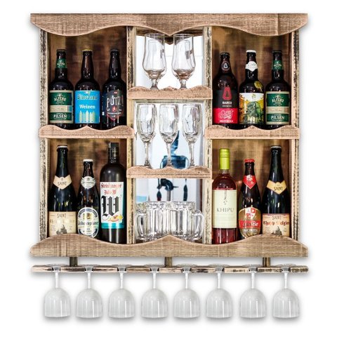 Adega Barzinho em Madeira Maciça com Espelho Cristaleira e Porta Taças - Rústica