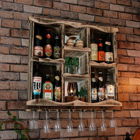 Adega Barzinho em Madeira Maciça com Espelho Cristaleira e Porta Taças - Rústica