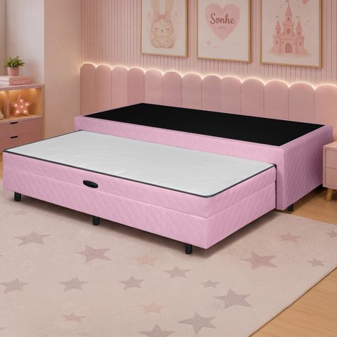 Base Box Solteiro c/ Baú na Cama Auxiliar Gaby 88x188 Rosa