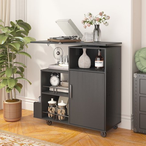 Balcão de Cozinha 1 Porta 84 cm com Prateleiras Porta Garrafas e Rodízios para Café e Bar
