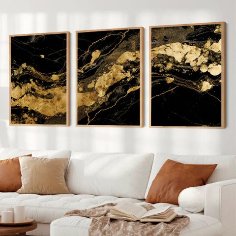 Kit Quadro Decorativo 3 Telas Black Ouro Tacolado Moldura Caixa 3cm Madeira com Vidro 60 X 90cm