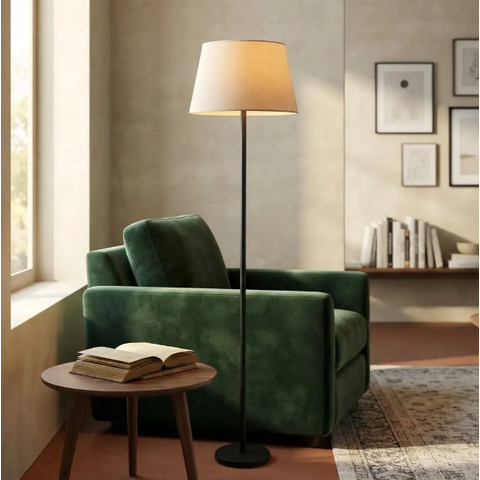 Luminária de Chão Piso Abajur Alumínio Altura 1,6m Cúpula Cônica Grande Ref 78 Preto Cup Bege