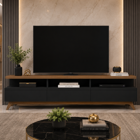 Rack para TV até 70 Polegadas com 3 Gavetas Vivare Wood 1,80 -  Preto/Freijo