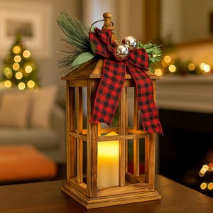 Lanterna Decorativa Natal Laço Xadrez Madeira Vela Led 46cm