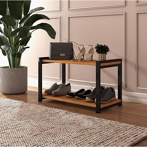 Mesa de Centro Sapateira Hall de Entrada Sala Aço Mdf Moderna Base Preta Prateleiras Canela