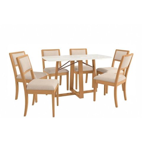 Conjunto Sala de Jantar Elma Premium Madeira Maciça C/ Tampo Madeirado C/ Vidro 170x90cm e 6
