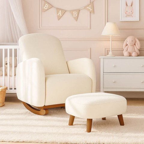 Poltrona Amamentação Balanço Madeira e Puff Jhessy Bouclê Bege R04 - D'rossi