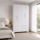 Ver imagem 1 de Guarda Roupa Solteiro Infantil Armário Closet 4 Portas 2 Gavetas Grande Paris MDF MDP Premium Branco