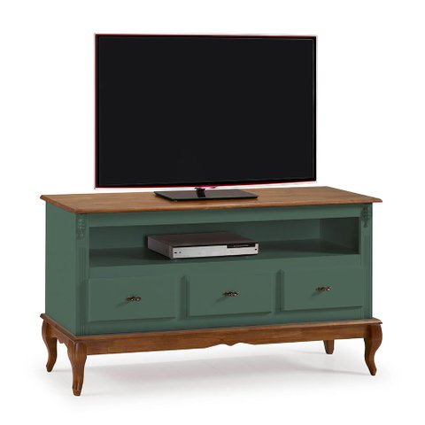 Rack para Sala com Pés Luis Xv 60501 Linz Móveis 3 Gavetas e Nicho - Verde Musgo/imbuia Glazer