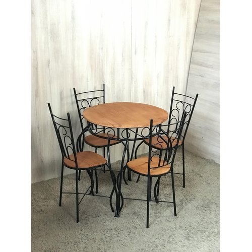 Jogo Bistrô Madeira e Ferro 1 Mesa ( 90cm ) + 4 Cadeiras de Jantar