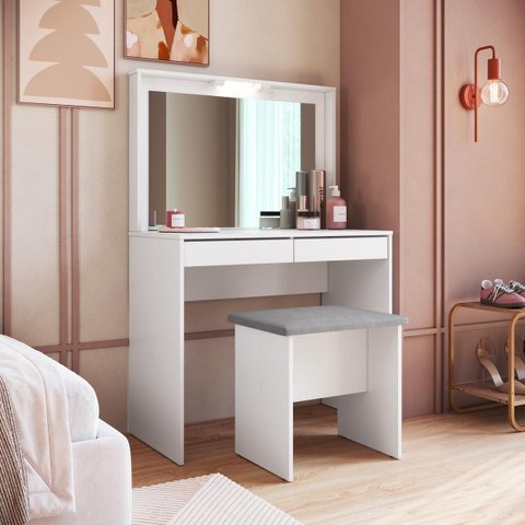 Penteadeira Camarin 90cm 2 Gavetas e Banco Estofado Branco B195