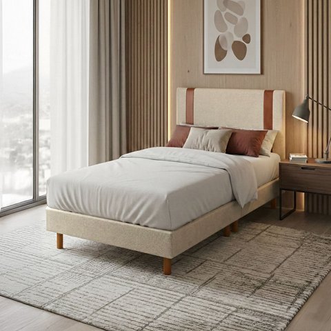 Base Box com Cabeceira Cama Solteiro Quarto Cor Bege 188x88x24 Cal Móveis