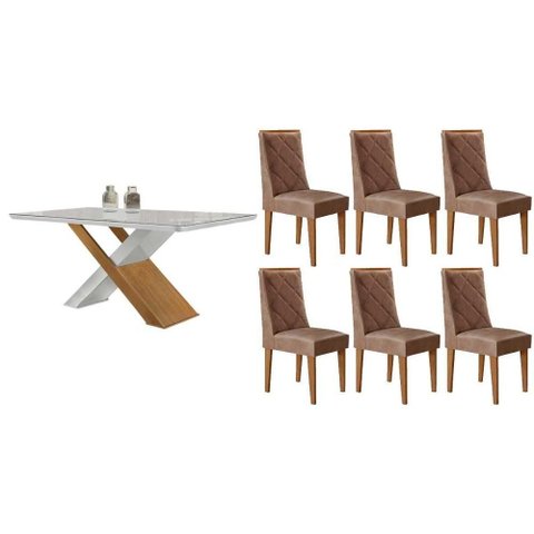 Sala de Jantar Completa Imperatriz C/ Tampo Madeirado C/ Vidro Canto Curvo 180x90cm e 6 Cadeiras
