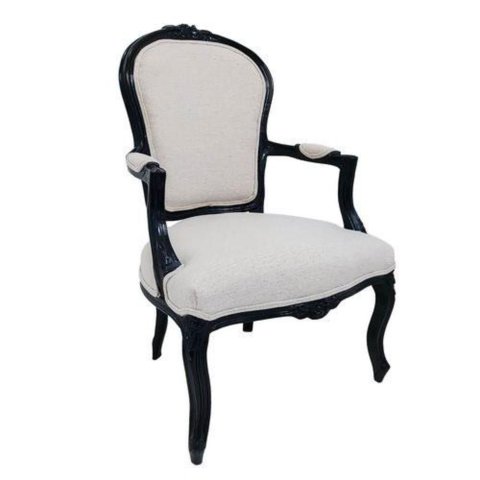 Poltrona Cadeira Luiz Xv Tecido Nobre Branco Madeira Preta Alta Decoração