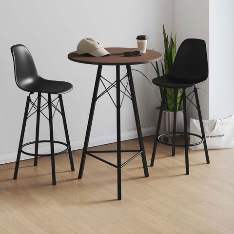 Conjunto Mesa Bistrô Redonda Estrutura em Ferro Preto com Tampo Amendoa com 2 Banquetas Eames Preta