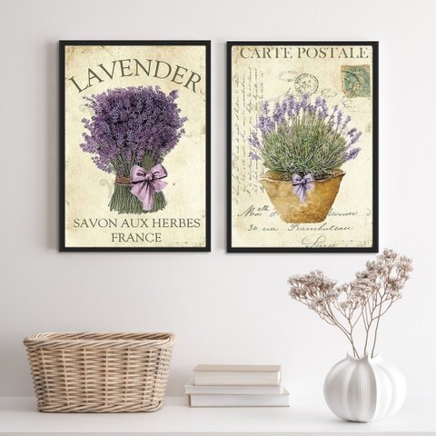 Kit 2 Quadros Decorativos Buquê de Lavanda 24x18cm:madeira Preta
