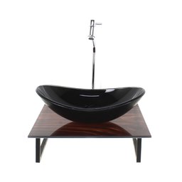 GABINETE DE VIDRO COM CUBA OVAL COM TAMPO DE VIDRO 40CM X 40CM MADEIRA NOGUEIRA MAIS TORNEIRA METAL - 1