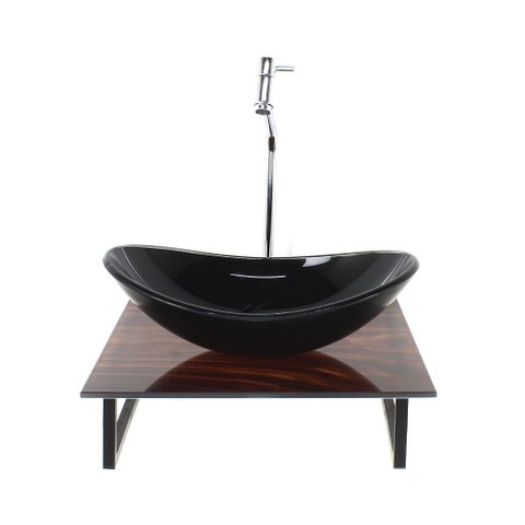 Gabinete de Vidro com Cuba Oval com Tampo de Vidro 40cm X 40cm Madeira Nogueira Mais Torneira Metal