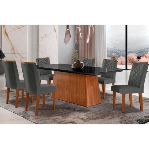 Conjunto: Mesa Sala Jantar Luna C/ Tampo de Vidro Canto Curvo 180x90cm e 6 Cadeiras Jade Imbuia/