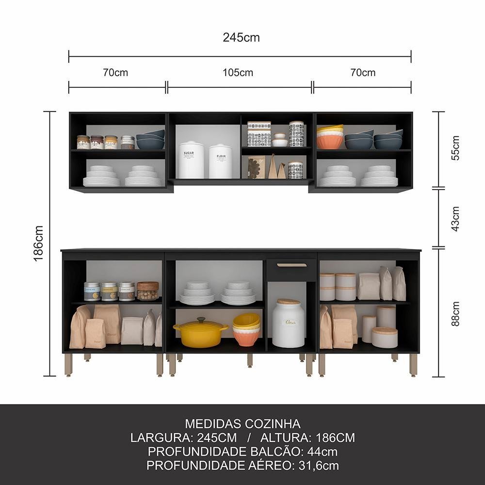 Cozinha Modulada 13 Portas 6 Peças Tieli Preto - Móveis Arapongas Preto Fosco - 5