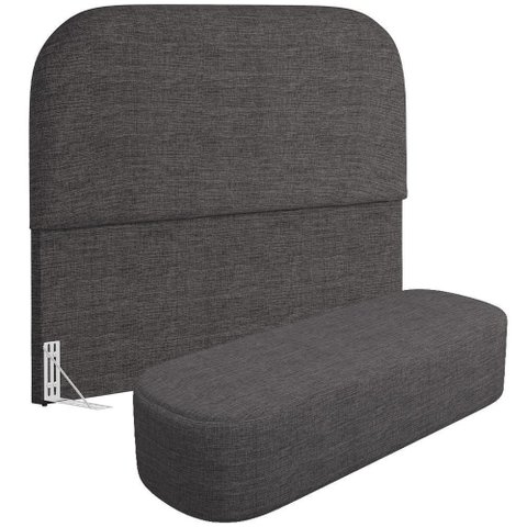 Cabeceira Cama Box King 195cm Lanna com Puff Recamier Doha W01 Linho Cinza Escuro - Lyam Decor