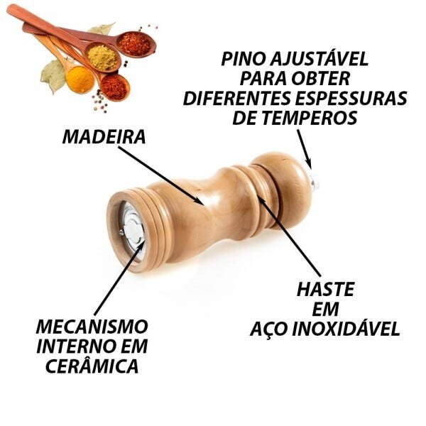 Moedor Pimenta Sal Especiarias Pequeno Compacto Madeira Cerâmica 13x4,5cm - 2