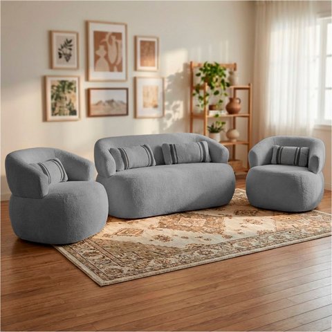 Namoradeira e 2 Poltronas Orgânica Chloe Boucle Cinza com Almofada Plumante - Arkell