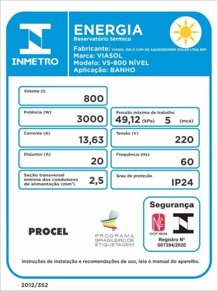 RESERVATÓRIO TÉRMICO (BOILER) 800L NIVEL FECHADO 304 - BAIXA PRESSÃO:110V - 2