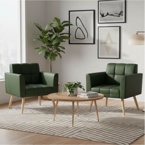 Poltrona Sala Decorativa Kit 2 Elisa Pé Palito Natural Sintético Pu Verde D03 - D’Rossi