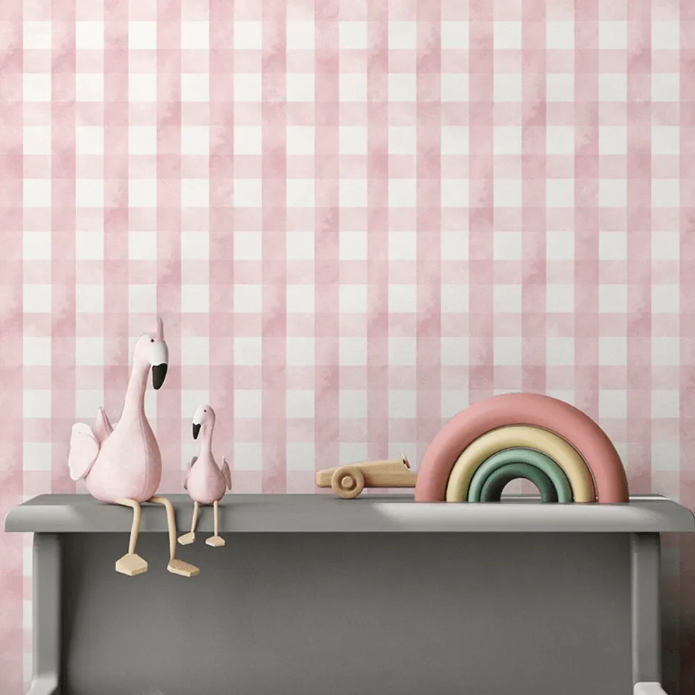 Papel de Parede Adesivo Xadrez Rosa Lavável Fosco 3m
