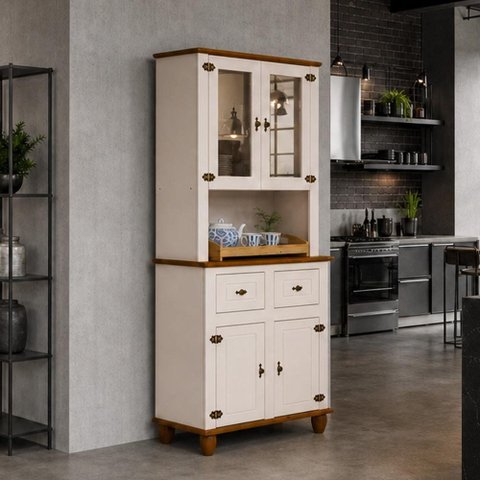 Armário de Cozinha Provençal 4 Portas 2 Gavetas 91cm Alegra S05 Off White Nogueira - Lyam Decor