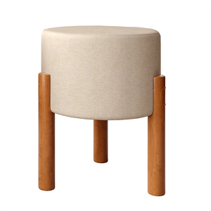 Puff Thor em Linho Pés em Eucalipto Redondo Pufe Sala:bege