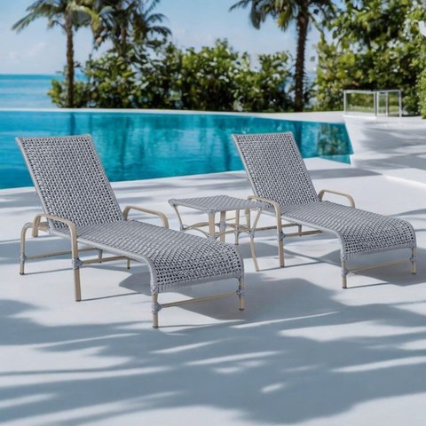 Kit 2 Espreguiçadeiras Corda Náutica e Mesa Garden em Alumínio para Piscina Edícula Catar Cinza